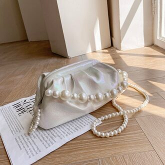Gradiënt Geplooide Parel Tote Tas Zomer Zachte Pu Leer Vrouwen Handtas Luxe Schoudertas Messenger Bag 28CM wit