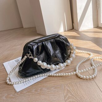 Gradiënt Geplooide Parel Tote Tas Zomer Zachte Pu Leer Vrouwen Handtas Luxe Schoudertas Messenger Bag 28CM zwart