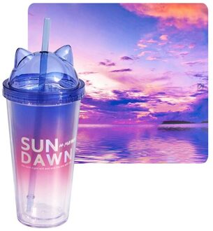 Gradiënt Stro Cup Grote Capaciteit Plastic Waterfles Netto Celebrity Handige Phantom Kleur Kat Oor Cover Stro Dubbele Cup rood