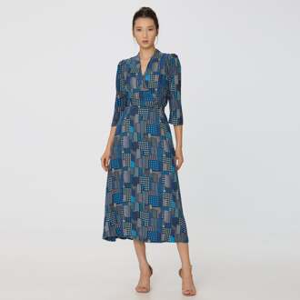 Grafische print V-hals midi-wikkeljurk Blauw