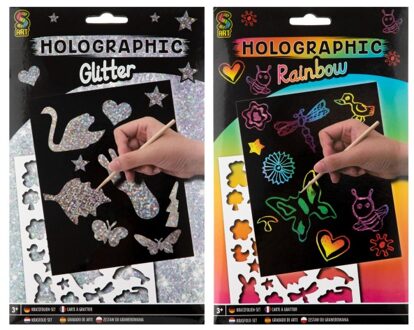 Grafix Krastekeningen voor kinderen - Glitter - Scratch Art - 4 stuks - Inclusief houtpen - Inclusief stencils