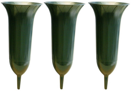Grafvaas - 3x - groen - 26 cm - kunststof - Grafvazen grafkaarsen - bloemhouder voor graf