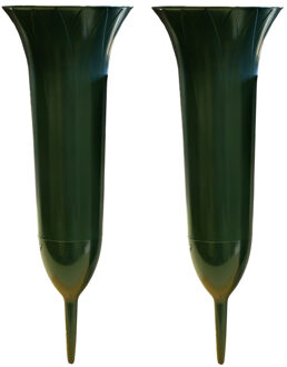 Grafvaas kunststof - 2x - groen - H37 cm - grafdecoratie - bloemenvaas voor herdenkingsplaats/kerkho