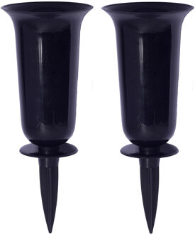 Grafvaas kunststof - 2x - zwart - H32 cm - grafdecoratie - bloemenvaas voor herdenkingsplaats