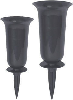 Grafvazen kunststof - set 2x - antraciet - H37 en 32 cm - bloemenvaas voor herdenkingsplaats/kerkhof