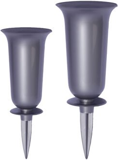 Grafvazen kunststof - set 2x - zilver - H37 en 32 cm - bloemenvaas voor herdenkingsplaats/kerkhof