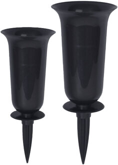 Grafvazen kunststof - set 2x - zwart - H37 en 32 cm - bloemenvaas voor herdenkingsplaats/kerkhof