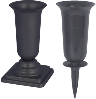 Grafvazen kunststof - set van 2x - antraciet - H37 en 40 cm - bloemenvaas herdenkingsplaats/kerkhof