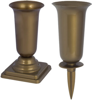 Grafvazen kunststof - set van 2x - goud - H37 en 40 cm - bloemenvaas herdenkingsplaats/kerkhof
