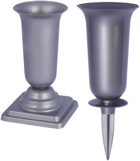 Grafvazen kunststof - set van 2x - zilver - H37 en 40 cm - bloemenvaas herdenkingsplaats/kerkhof