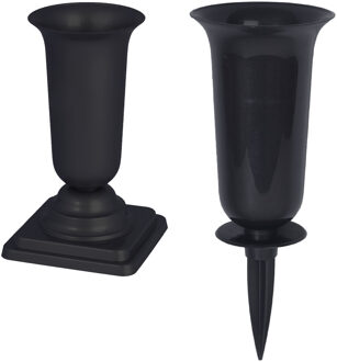 Grafvazen kunststof - set van 2x - zwart - H37 en 40 cm - bloemenvaas herdenkingsplaats/kerkhof