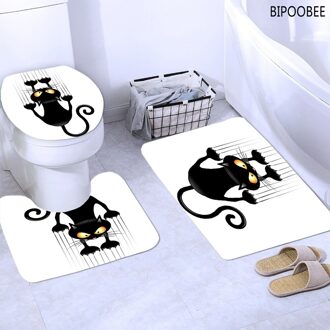 Grappige Douchegordijnen Kat Krassen Gedrukt Badkamer Gordijn Wit Anti-Slip Tapijt Wc Cover Mat Bad Tapijten Thuis Decoratie 3 stk