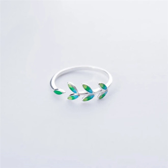 Green Leaf Handmade Creative 925 Sterling Silver Temperament Personality Fashion Female Trendy Resizable Opening Rings SRI028