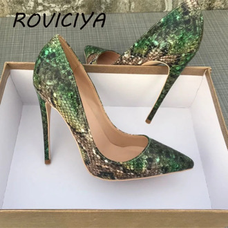 Green snake pattern woman shoes girls sexy high heels printed multi colors stilettos 12cm wedding shoes YG032 ROVICIYA