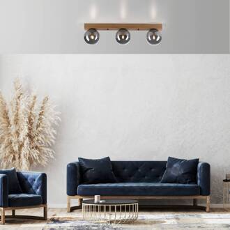 Green Widow plafondlamp, glazen bollen, 3-lamps zwart, licht hout, rookgrijs getint
