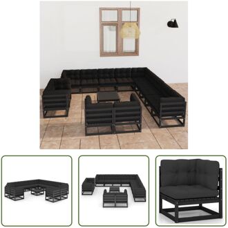 Grenenhouten Lounge-set - Hoekbank + Middenbank + Tafel - Zwart - 70 x 70 x 67 cm - Incl - Kussens