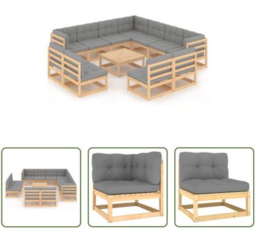 Grenenhouten Loungeset - 3 Hoekbanken - 8 Middenbanken - 1 Tafel - Grijs Kussen - 70x70x67cm