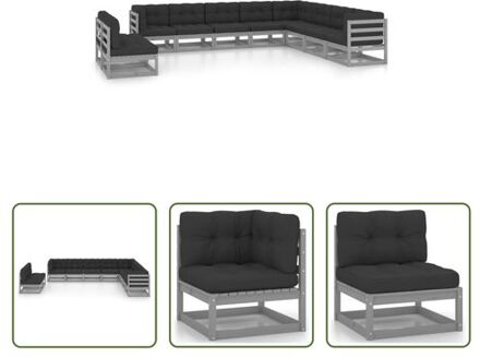 Grenenhouten Loungeset - Grijs - Hoekbank (70x70x67 cm) - Middenbank (70x70x67 cm) - Kussens