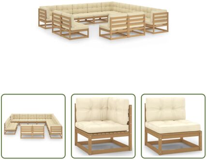 Grenenhouten Loungeset - Hoekbank 70x70x67 cm - Middenbank 70x70x67 cm - Kussens inbegrepen Bruin