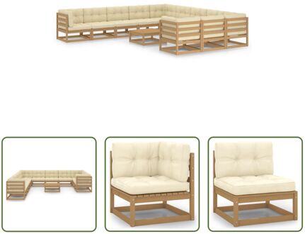 Grenenhouten Loungeset - Hoekbank 70x70x67 cm - Middenbank 70x70x67 cm - Tafel 70x70x30 cm - Zitkussen Bruin