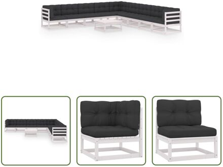 Grenenhouten Loungeset - Hoekbank 70x70x67 cm - Middenbank 70x70x67 cm - Tafel 70x70x30 cm - Zitkussen Wit