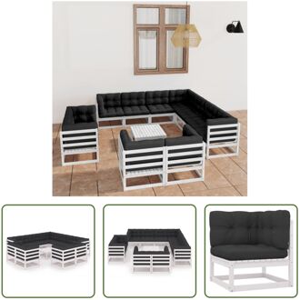 Grenenhouten Loungeset - Hoekbank 70x70x67 cm - Middenbank 70x70x67 cm - Tafel 70x70x30 cm - Zitkussen Wit