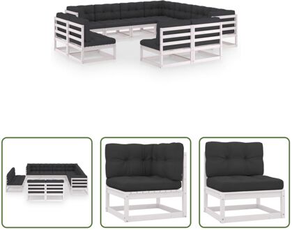 Grenenhouten loungeset - Hoekbank 70x70x67 cm - Middenbank 70x70x67 cm - Wit - Antraciet