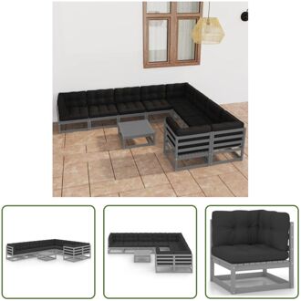 Grenenhouten Loungeset - Hoekbank en Middenbank - Grijs - 70x70x67cm - Inclusief Kussens