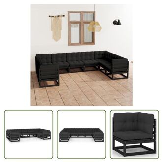 Grenenhouten Loungeset - Hoekbank en Middenbank - Zwart - 70 x 70 x 67 cm - Inclusief Kussens