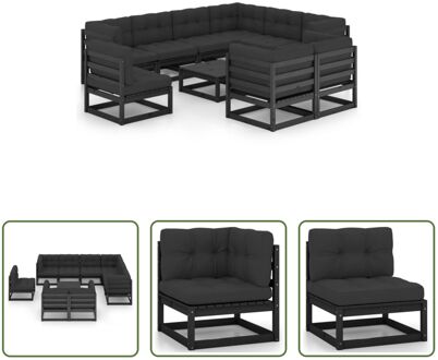 Grenenhouten Loungeset - Hoekbank - Middenbank - Tafel - Zwart - Antraciet Kussen - 70x70x67 cm - 9x