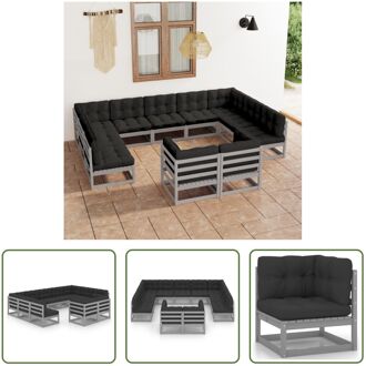 Grenenhouten Loungeset - Hoekbank + Middenbank - Grijs - 70x70x67 cm - Inclusief Kussens