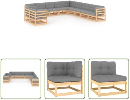 Grenenhouten Loungeset - Hoekbank + Middenbank - Grijs kussen - Afmetingen- 70x70x67cm (BxDxH)