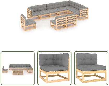 Grenenhouten Loungeset - Hoekbank + Middenbanken + Kussens - Grijs - Afmetingen 70 x 70 x 67 cm