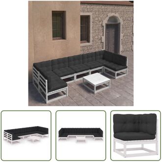 Grenenhouten Loungeset - Hoekbank + Middenbanken + Tafel - Wit - 70x70x67 cm - Inclusief kussens