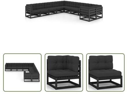 Grenenhouten Loungeset - Zwart - Hoekbank (70x70x67cm) - Middenbank (70x70x67cm) - Kussens Inbegrepen