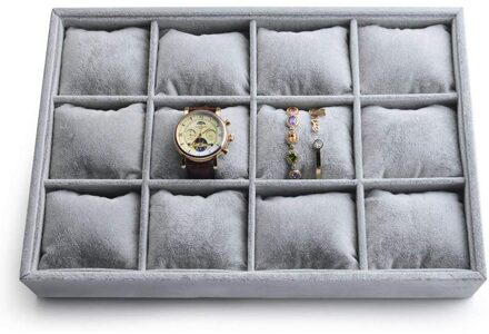 Grijs Fluwelen 12 Grid Premium Horloge Organizer Sieraden Tray Armband Display Houder Verstelbare Kussen Sieraden Showcase