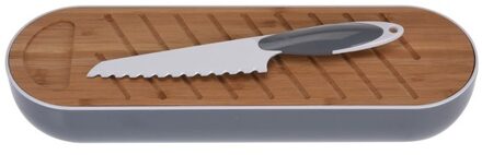 Grijze kunststof brood trommel met plank en mes 40 cm