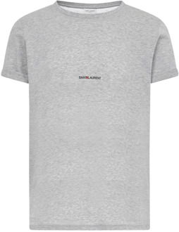 Grijze Logo Print Katoenen T-shirt Saint Laurent , Gray , Heren - Xl,M