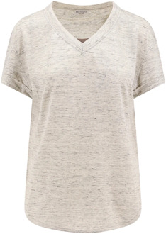Grijze Melange V-hals T-shirt Brunello Cucinelli , Gray , Dames - L,M,S,Xs