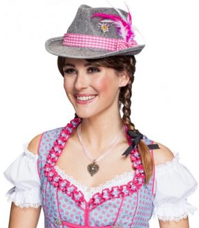 Grijze Oktoberfest tiroler dameshoed met roze band - Verkleedhoofddeksels Grijs