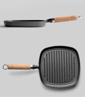Grill Koekenpan Vierkante Vorm Non-stick Pan Bakken Steak Gietijzeren Koekenpan Met Houten Handvat 22Cm Keuken koken Tool 22cm A