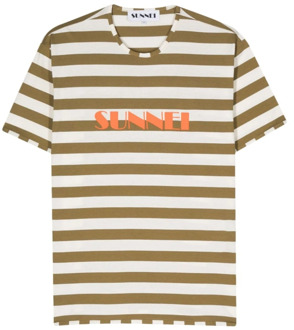 Groen en Wit Gestreept Logo T-Shirt Sunnei , Multicolor , Heren - L,M
