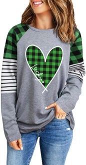 Groen Geluk Ruitenhart Gestreepte Kleurblok Lange Mouwen Top - maat M Grijs