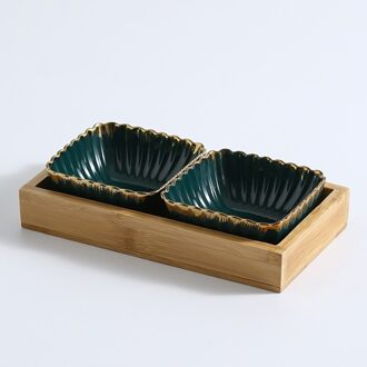 Groen Goud Velg Keramische Schotel Hout Lade Creatieve Porselein Snack Dessertbord Fruit Platter Bamboe Dienblad Houder Servies 2stk