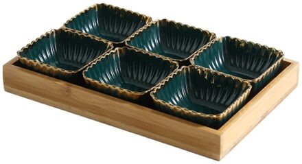 Groen Goud Velg Keramische Schotel Hout Lade Creatieve Porselein Snack Dessertbord Fruit Platter Bamboe Dienblad Houder Servies 6stk