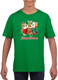 Groen kerst shirt / kerstkleding Merry Christmas dieren kerstsokken voor kinderen M (116-134) - kerst t-shirts kind