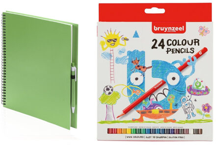 Groen schetsboek/tekenboek met 24 kleurpotloden - Tekenen/kleuren