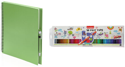 Groen schetsboek/tekenboek met 50 viltstiften - Tekenen/kleuren