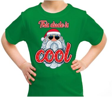 Groen t-shirt / kerstkleding this dude is cool met stoere santa voor kinderen S (110-116) - kerst t-shirts kind