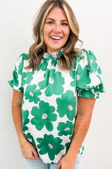 Groene Bloemenblouse met Pofmouwen en Rimpelnek Wit
